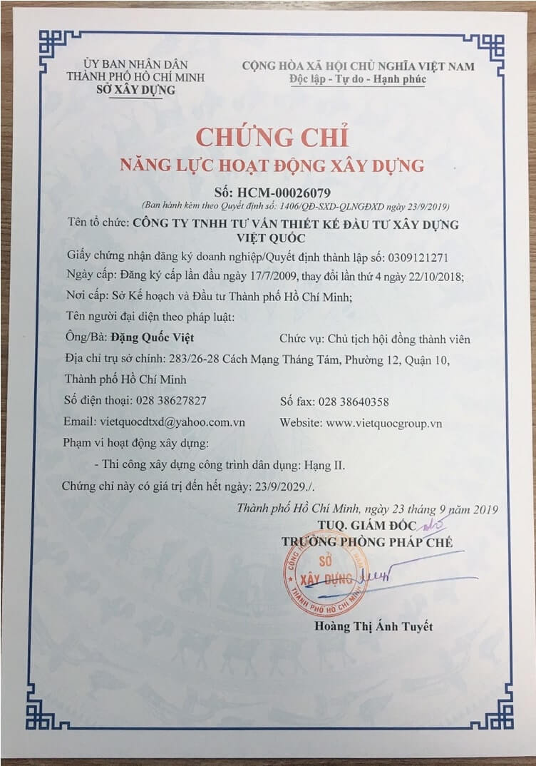 Chung chi thi cong xay dung cong trinh dan dung Hang II cua nha thau xay dung uy tin Viet Quoc Group