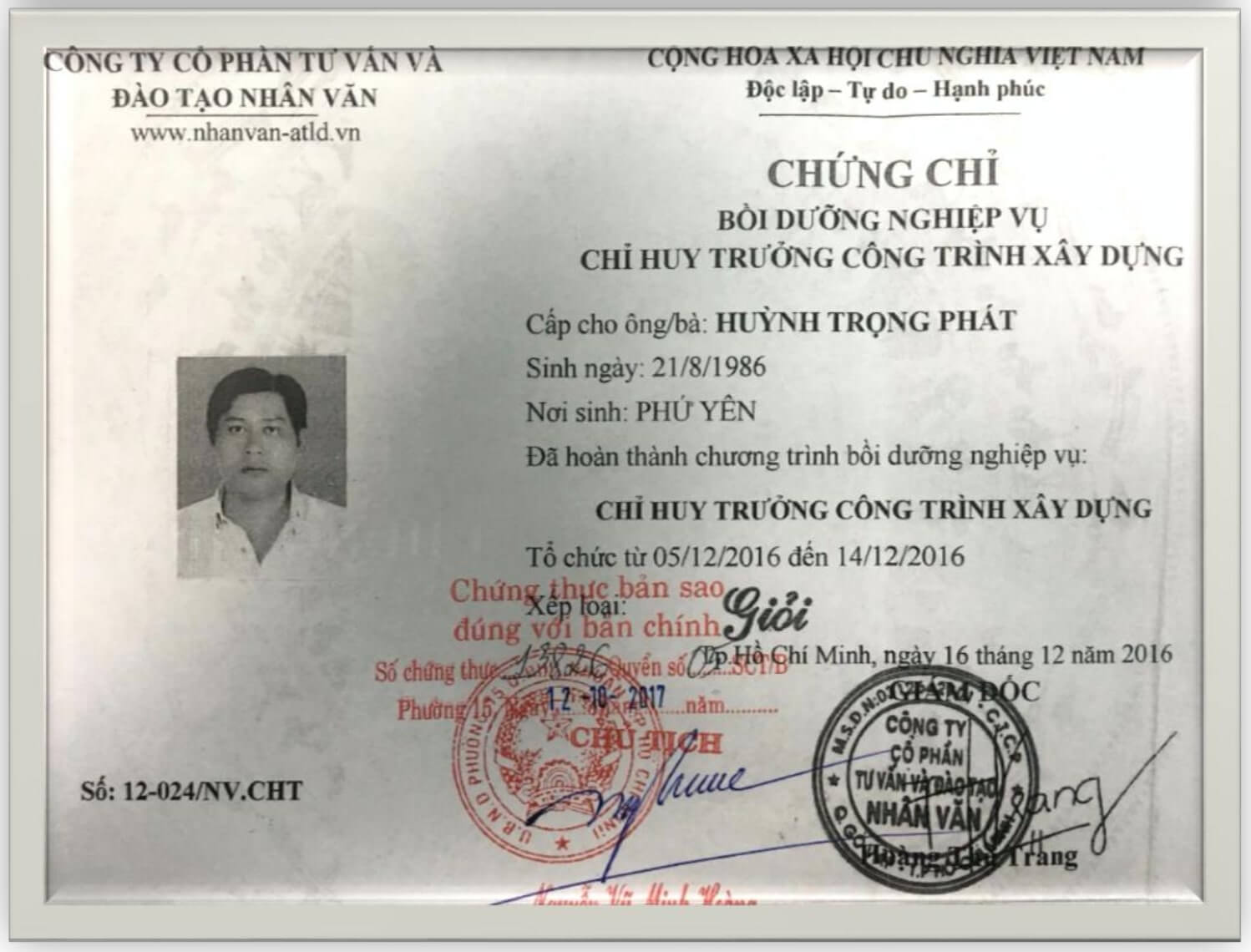 Chung chi Chi huy truong cong trinh kS Huyng Trong Phat